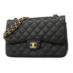 Chanel Shoulder Bag Maxi Quilted Caviar Leather Black Gold