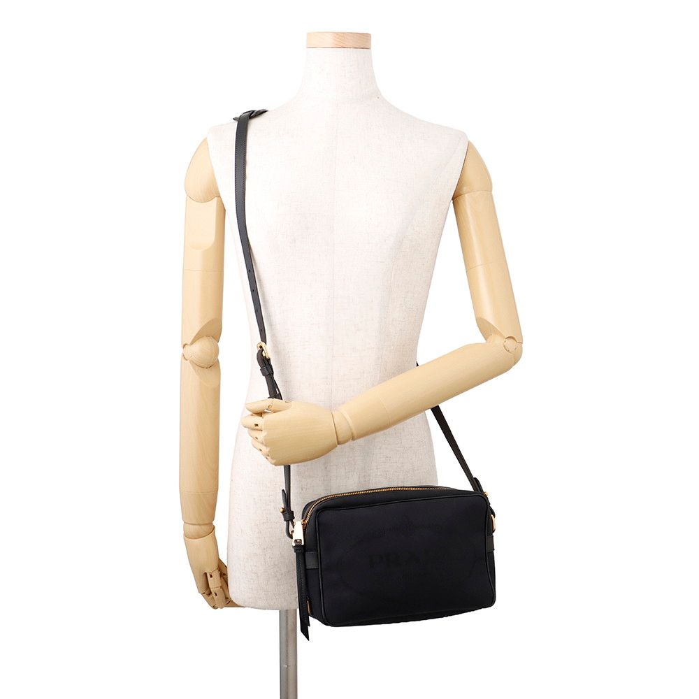 Prada Shoulder Bag Logo Cross Canvas Leather Black — view 4