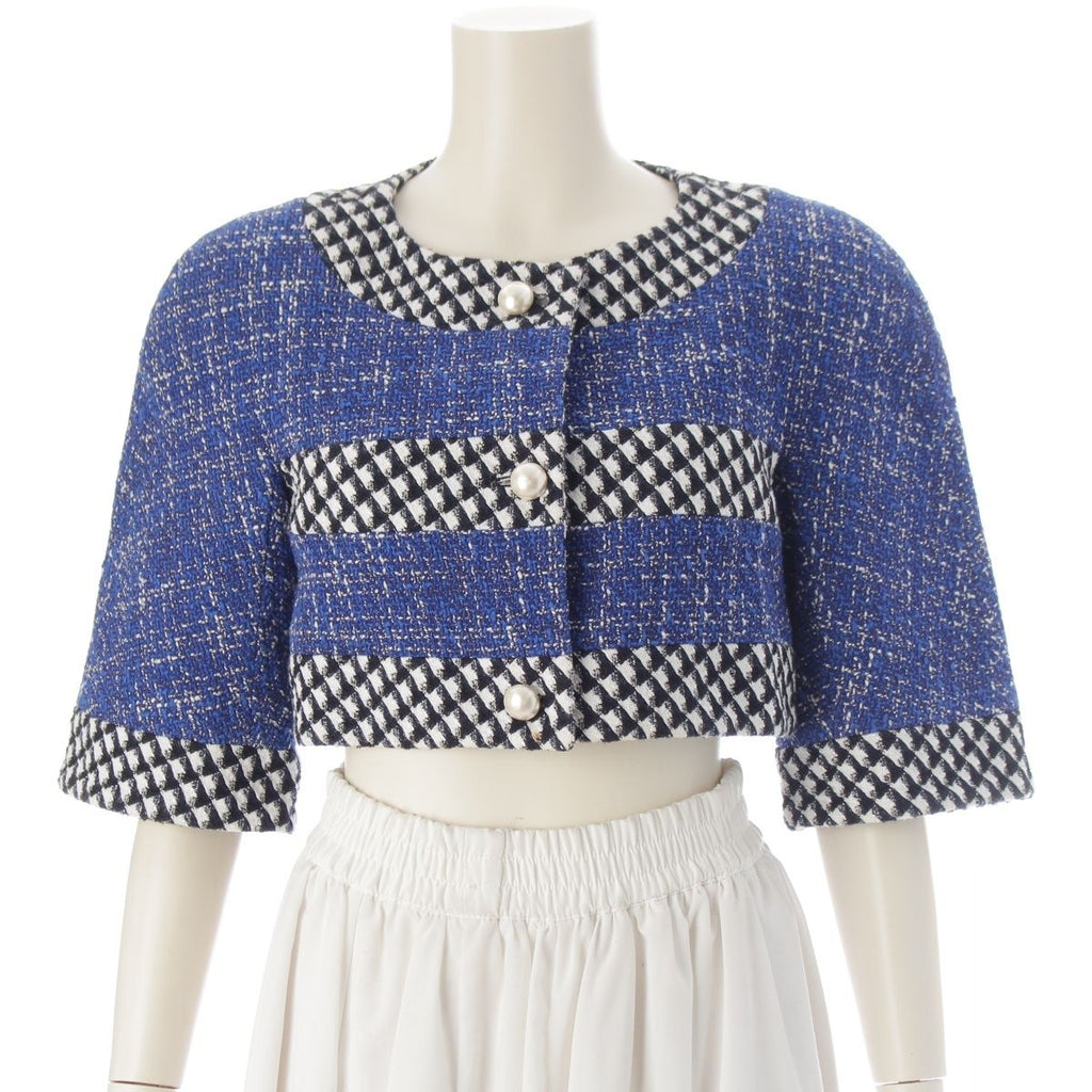 Chanel Cotton Wool CC Logo Pearl Button Cropped Terre Jacket Top Black Blue