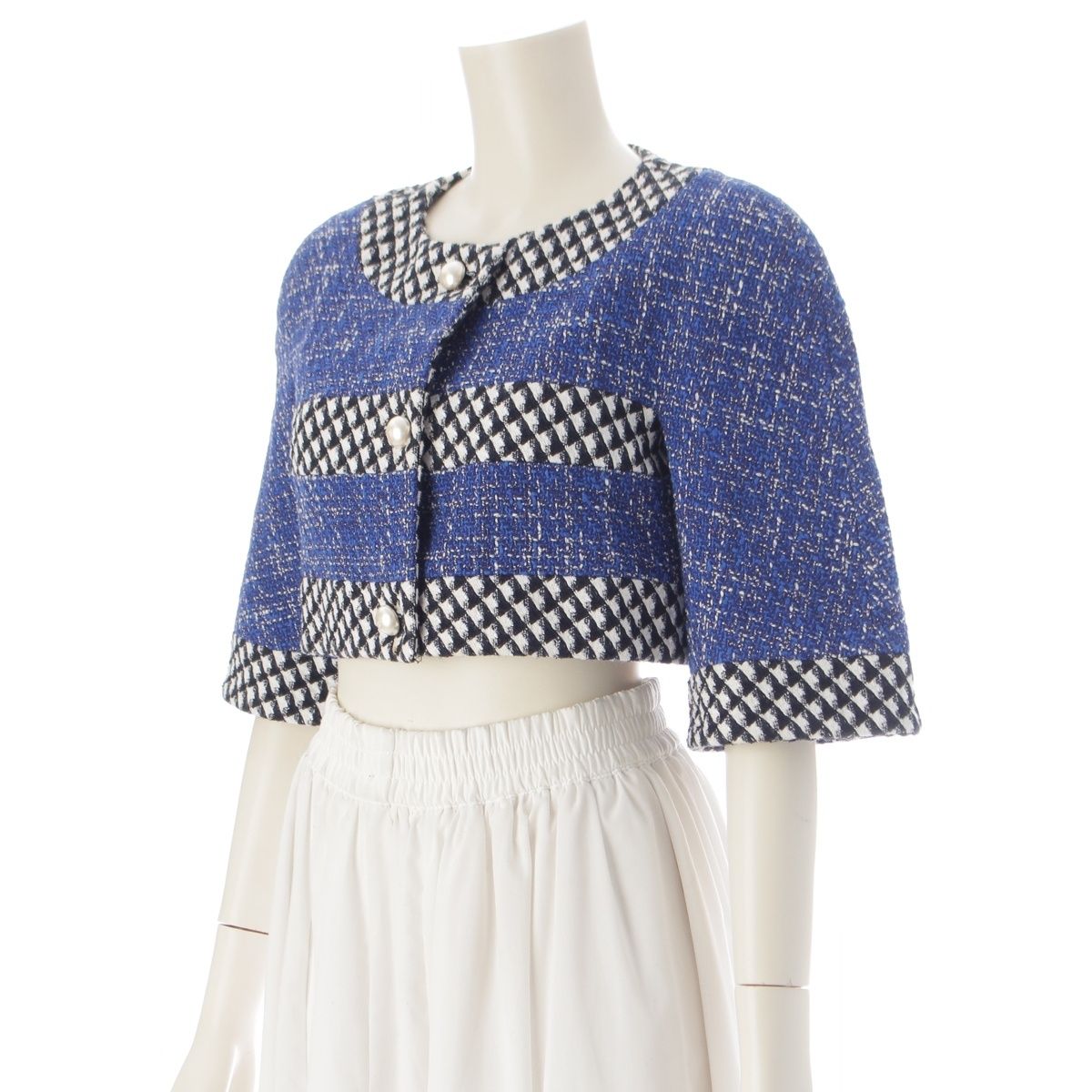 Chanel Cotton Wool CC Logo Pearl Button Cropped Terre Jacket Top Black Blue — view 2