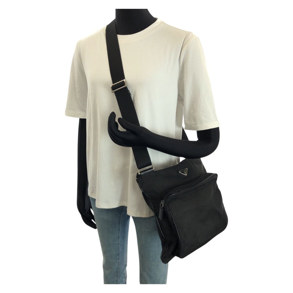 Prada Tessuto Saffiano Black Silver Nylon Leather Shoulder — view 7