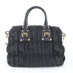 Prada Tessuto Nylon Gathered Leather Tote Shoulder Hand Black — view 3