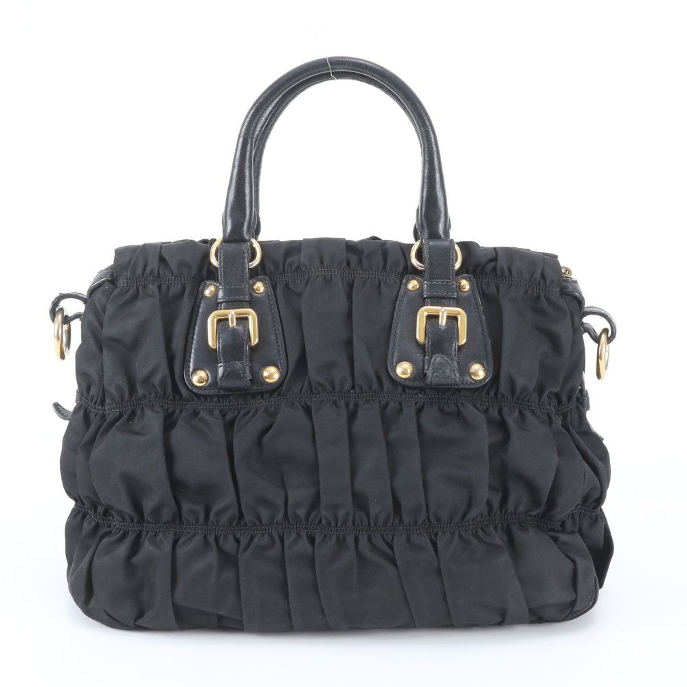 Prada Tessuto Nylon Gathered Leather Tote Shoulder Hand Black — view 3