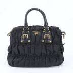 Prada Tessuto Nylon Gathered Leather Tote Shoulder Hand Black