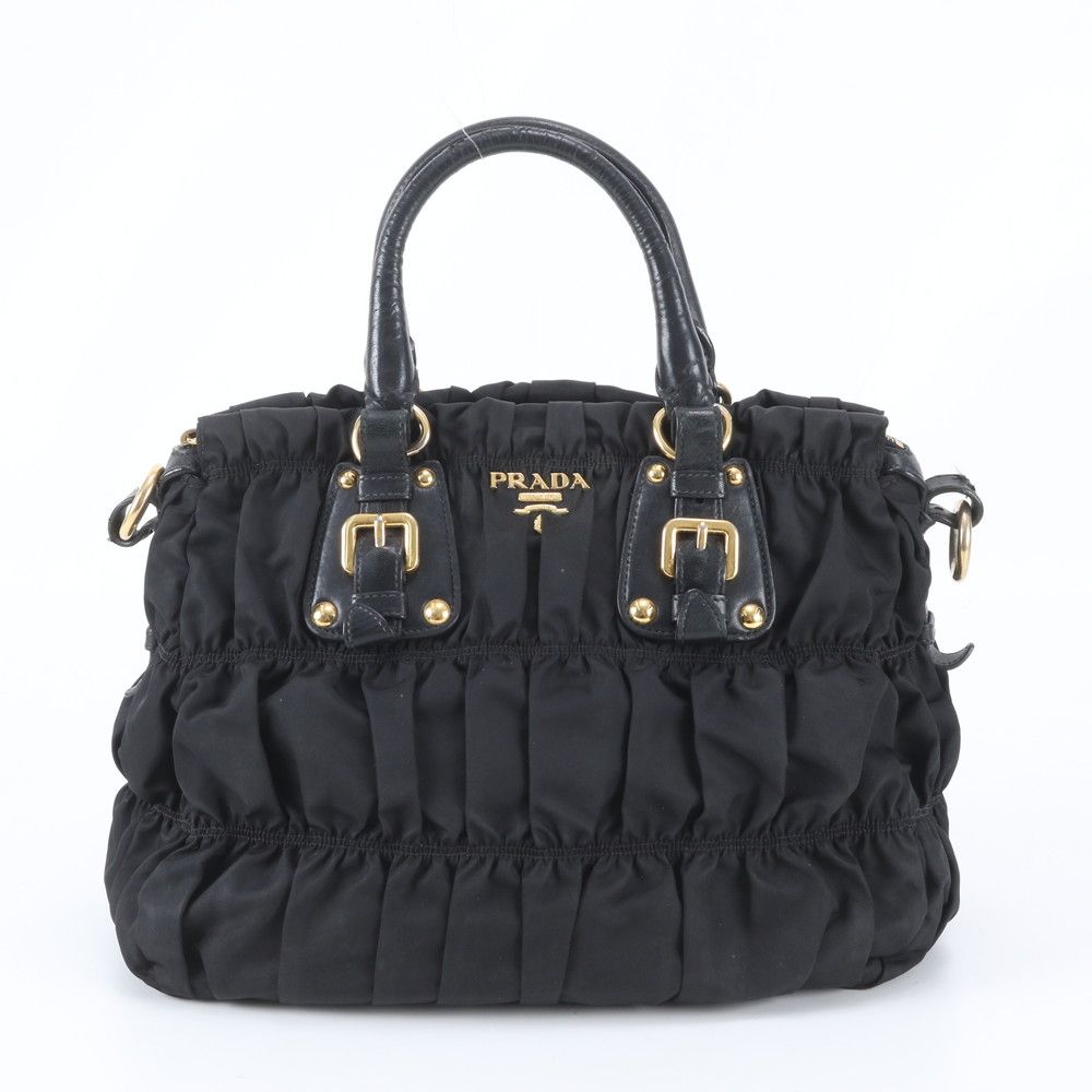 Prada Tessuto Nylon Gathered Leather Tote Shoulder Hand Black
