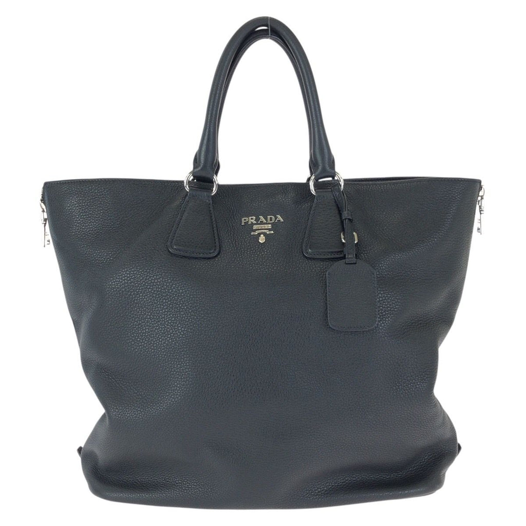 Prada Vitello Dyno Side Zip Black Silver Leather Tote Business