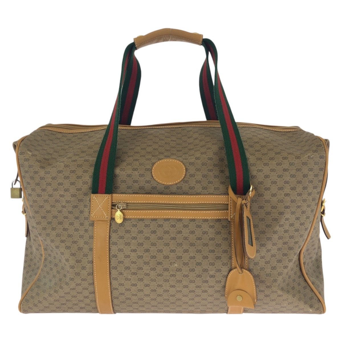 Gucci Vintage Sherry Line Micro GG Beige Gold Leather Boston