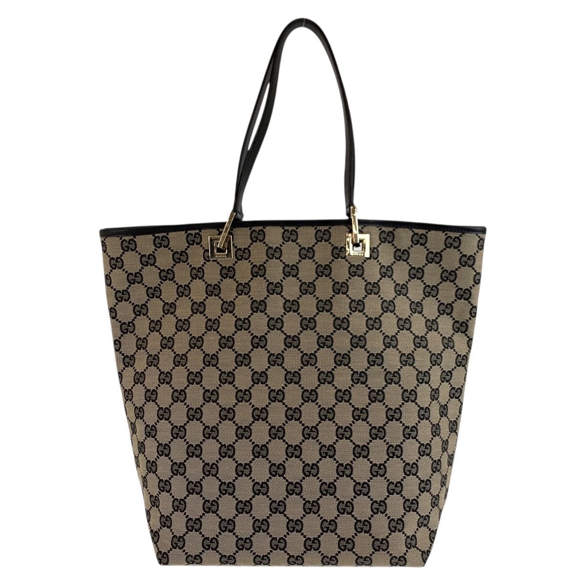Gucci Black Gold GG Canvas Leather 002 Tote Shoulder