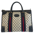 Gucci Vintage Sherry Line Navy Gray GG Supreme Canvas Boston