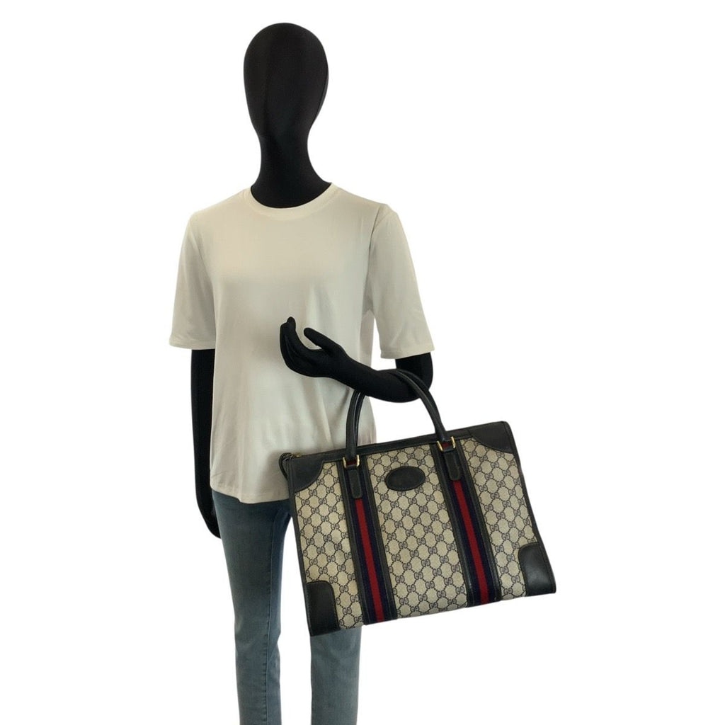Gucci Vintage Sherry Line Navy Gray GG Supreme Canvas Boston — view 7