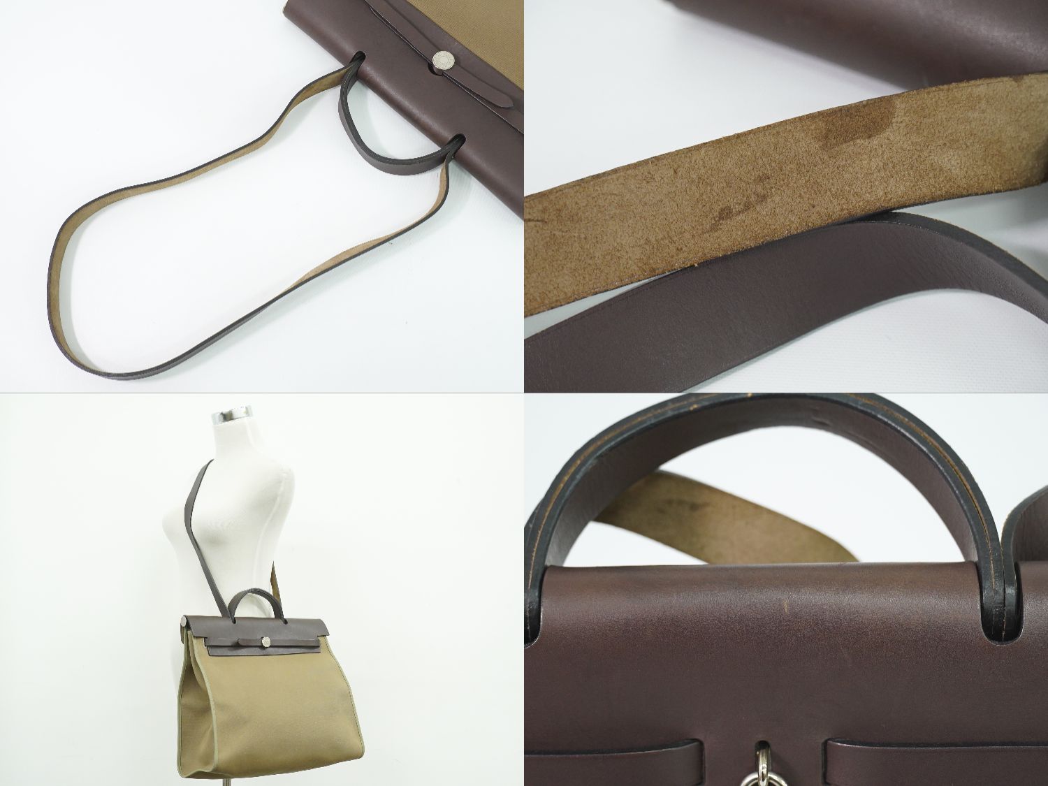 Hermes Herbag Zip MM 2-Way Shoulder Bag Canvas Leather Beige Brown — view 6