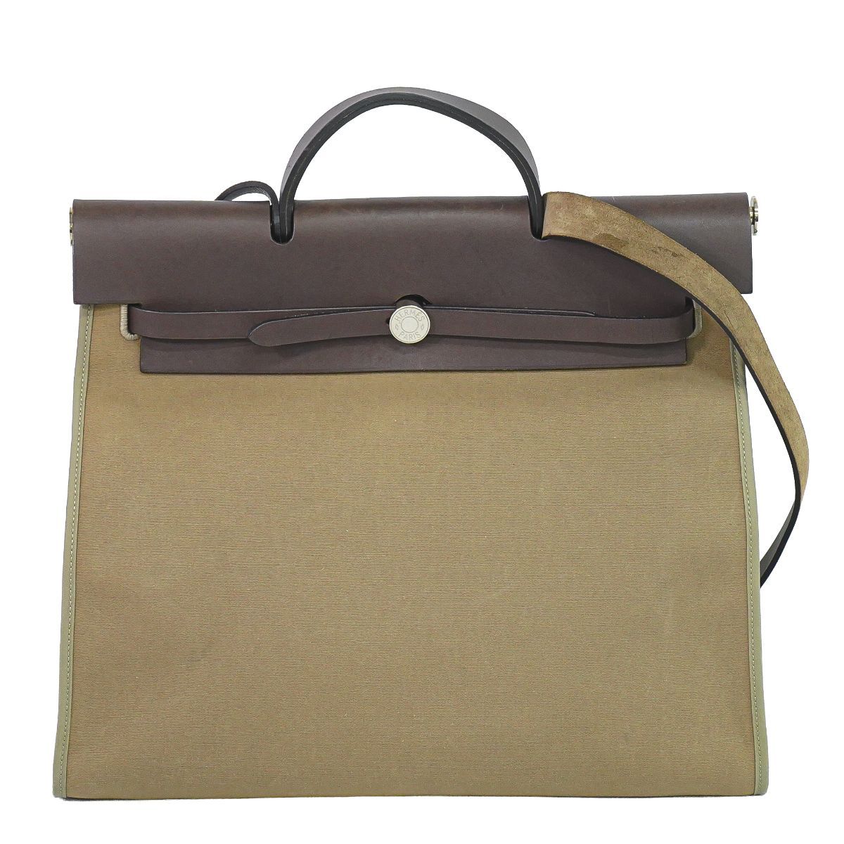 Hermes Herbag Zip MM 2-Way Shoulder Bag Canvas Leather Beige Brown
