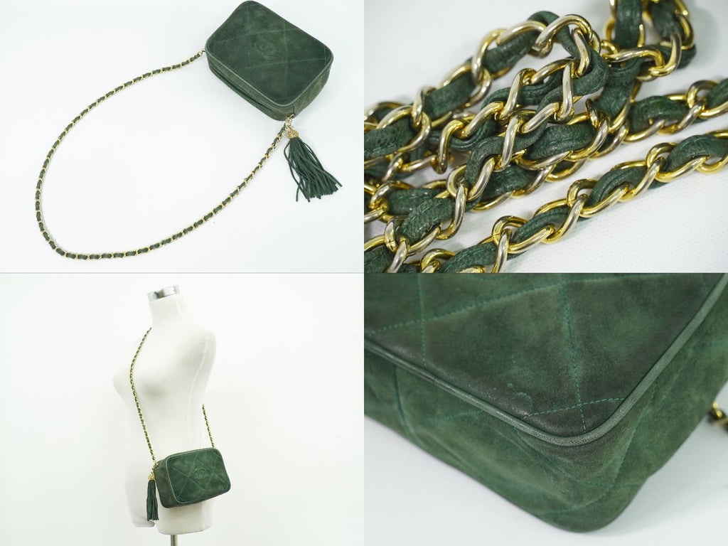 Chanel CC Logo Quilted Tassel Chain Shoulder Bag Pochette Suede Leather Green — view 6