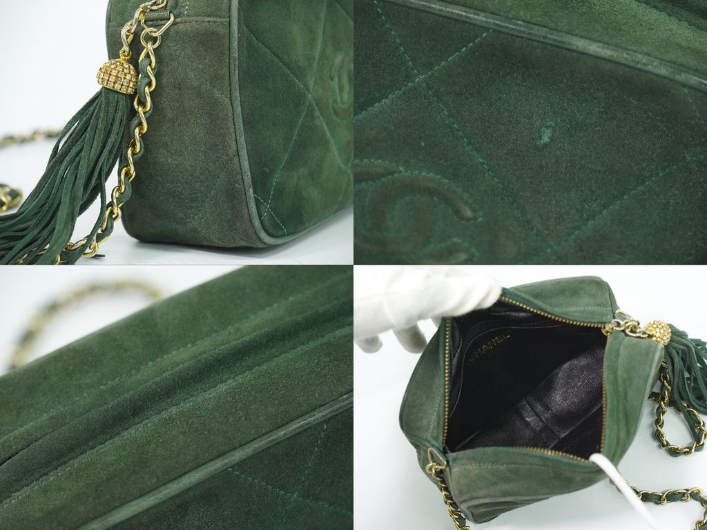 Chanel CC Logo Quilted Tassel Chain Shoulder Bag Pochette Suede Leather Green — view 7