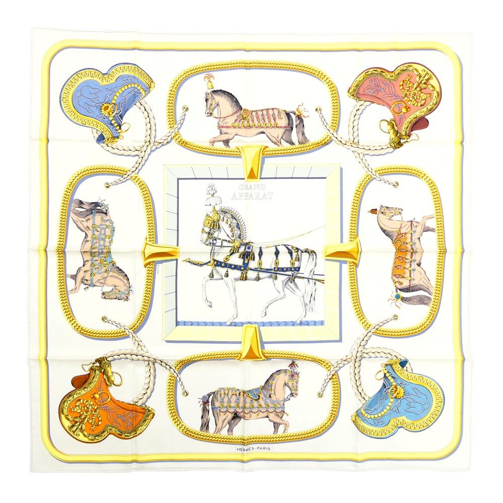 Hermes Carre 90 Grand Apala Cream Gold Multicolor Silk Scarf