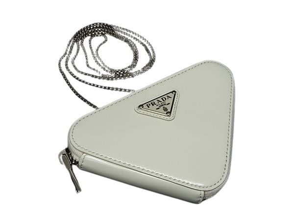 Prada Shoulder Bag Triangle Logo Ivory Leather Chain Pouch Silver