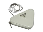 Prada Shoulder Bag Triangle Logo Ivory Leather Chain Pouch Silver