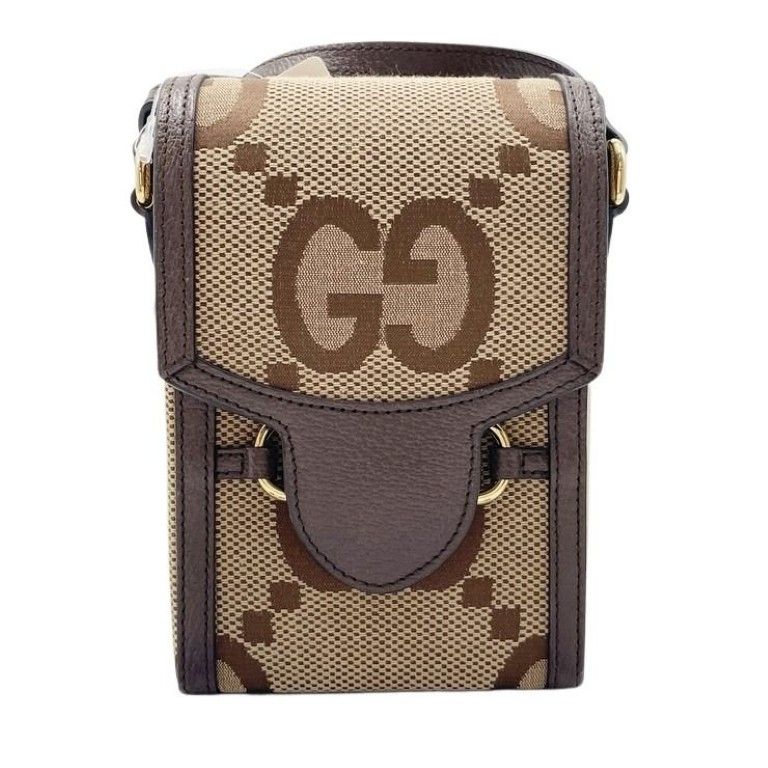 Gucci Shoulder Bag Jumbo GG Brown Beige Canvas Leather Horsebit Gold