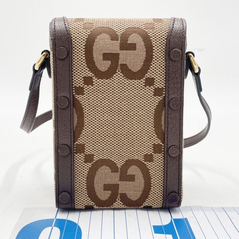 Gucci Shoulder Bag Jumbo GG Brown Beige Canvas Leather Horsebit Gold — view 2