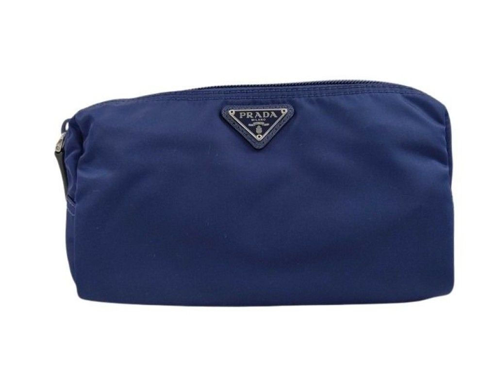 Prada Pouch Triangle Logo Blue Nylon White Tag Silver