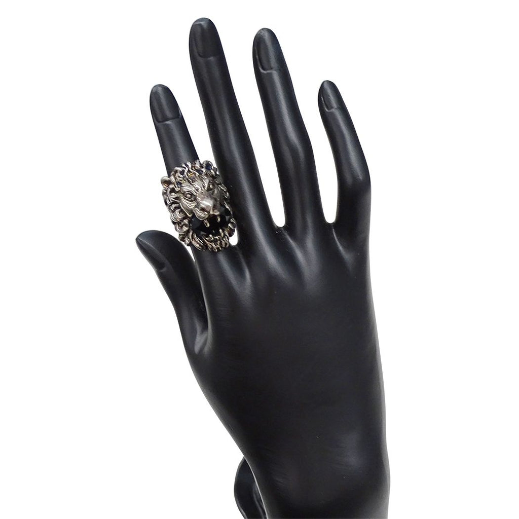 Gucci Ring Metal Stone Lion Head Silver Black — view 9