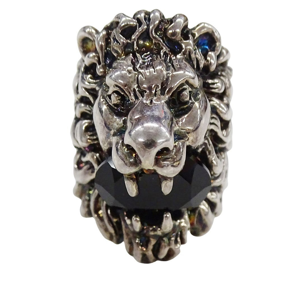 Gucci Ring Metal Stone Lion Head Silver Black