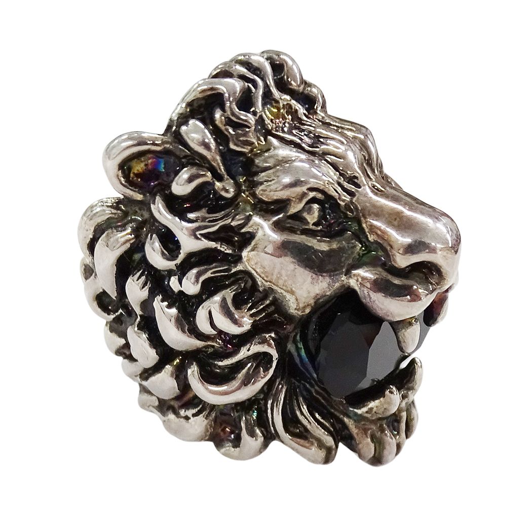 Gucci Ring Metal Stone Lion Head Silver Black — view 3