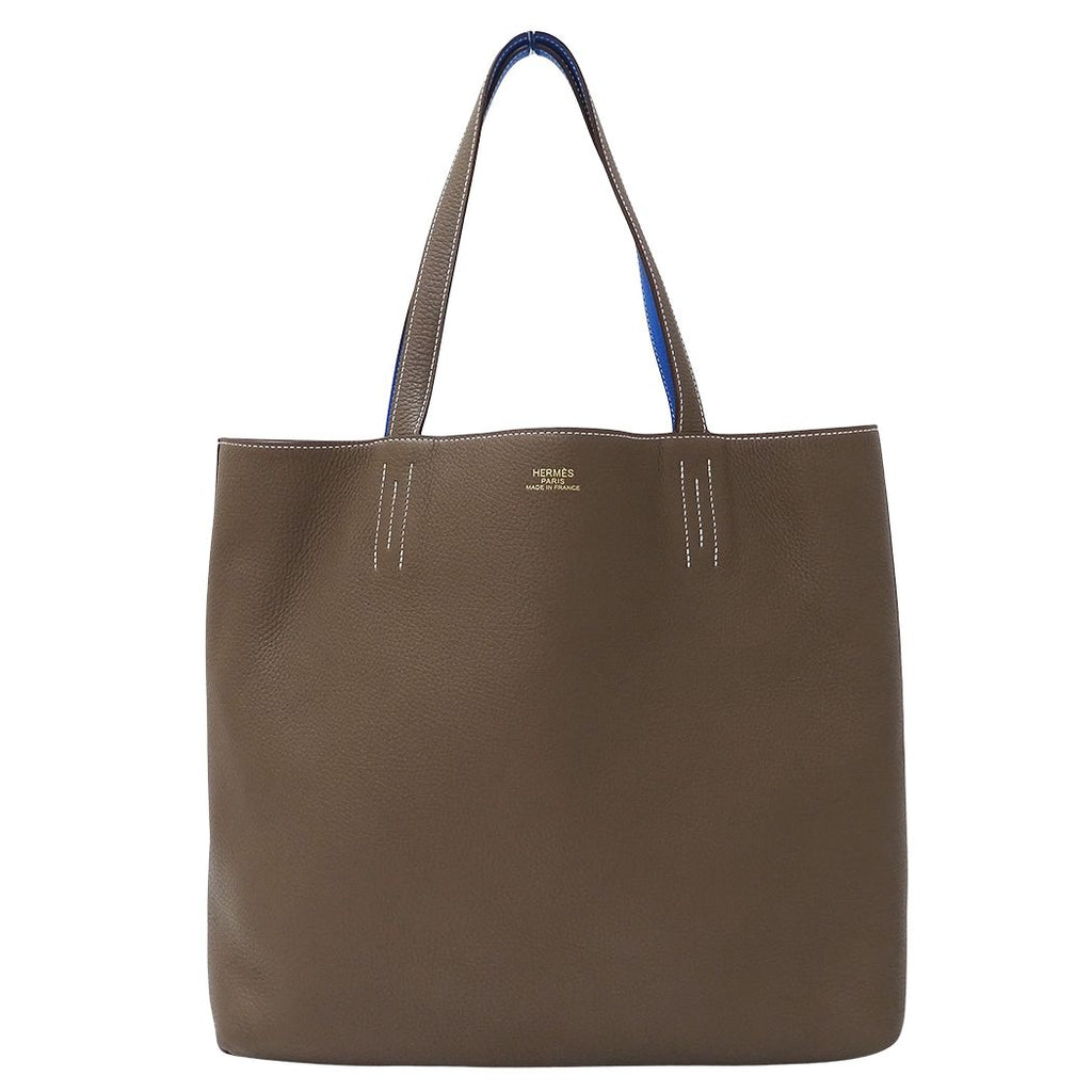 Hermes Tote Double Sens 45 Taurillon Clemence Etoupe Blue Reversible