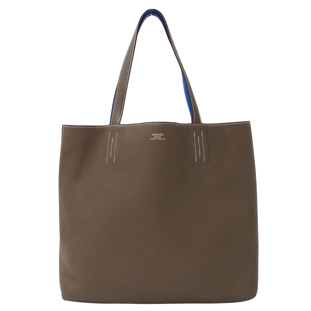 Hermes Tote Double Sens 45 Taurillon Clemence Etoupe Blue Reversible