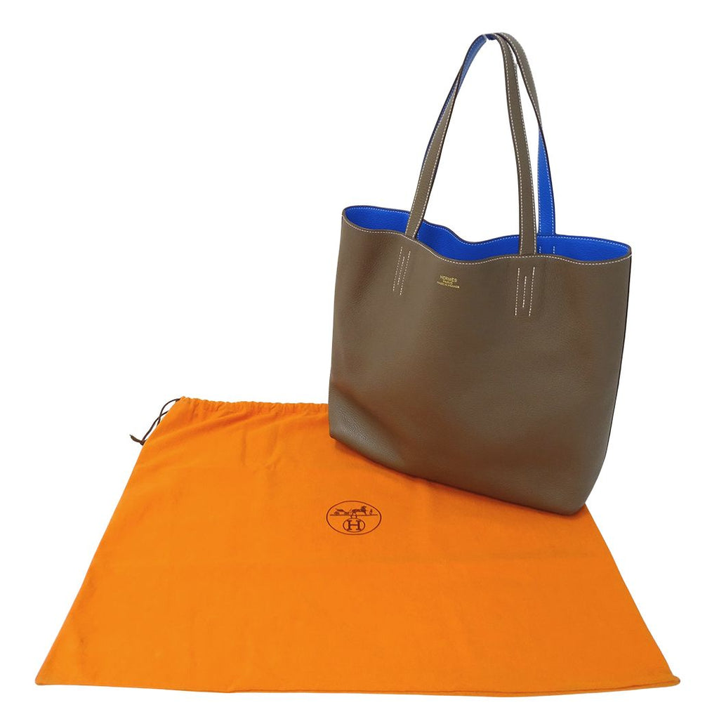 Hermes Tote Double Sens 45 Taurillon Clemence Etoupe Blue Reversible — view 9