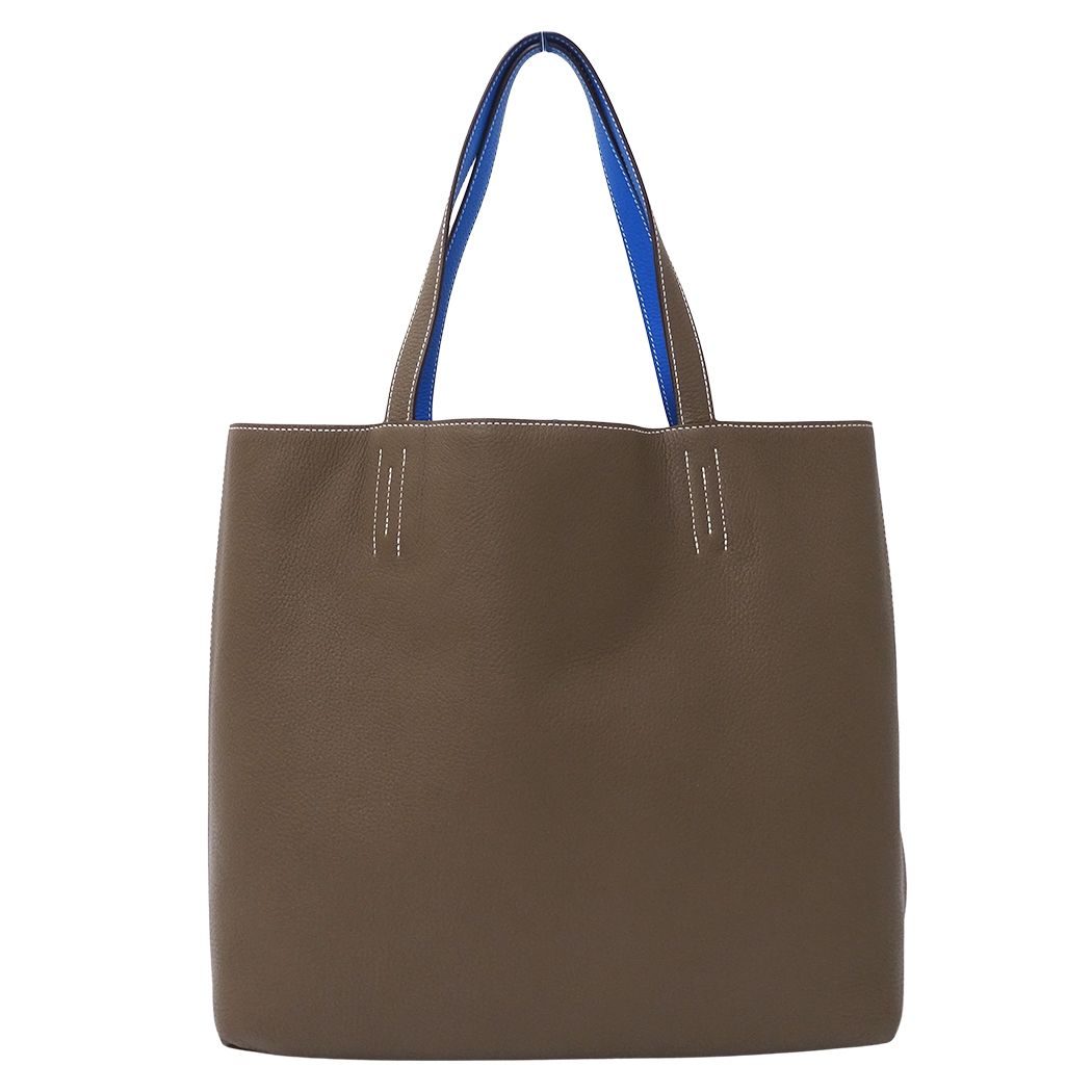 Hermes Tote Double Sens 45 Taurillon Clemence Etoupe Blue Reversible — view 2