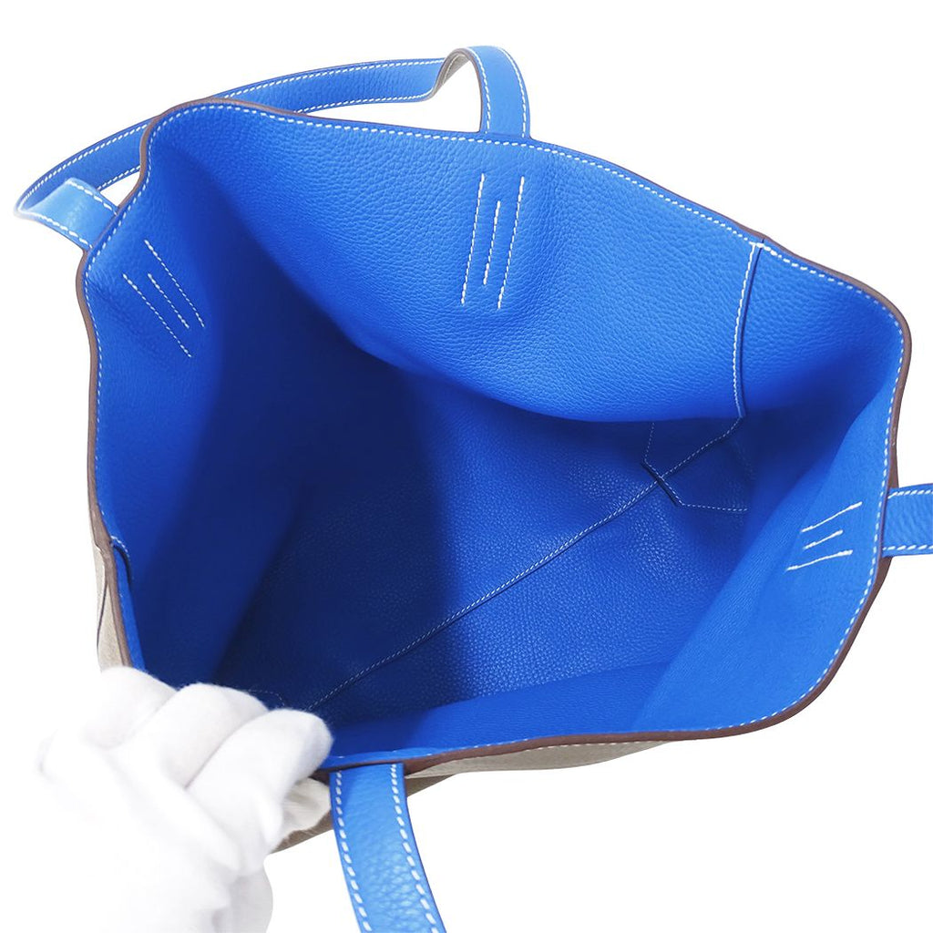 Hermes Tote Double Sens 45 Taurillon Clemence Etoupe Blue Reversible — view 5