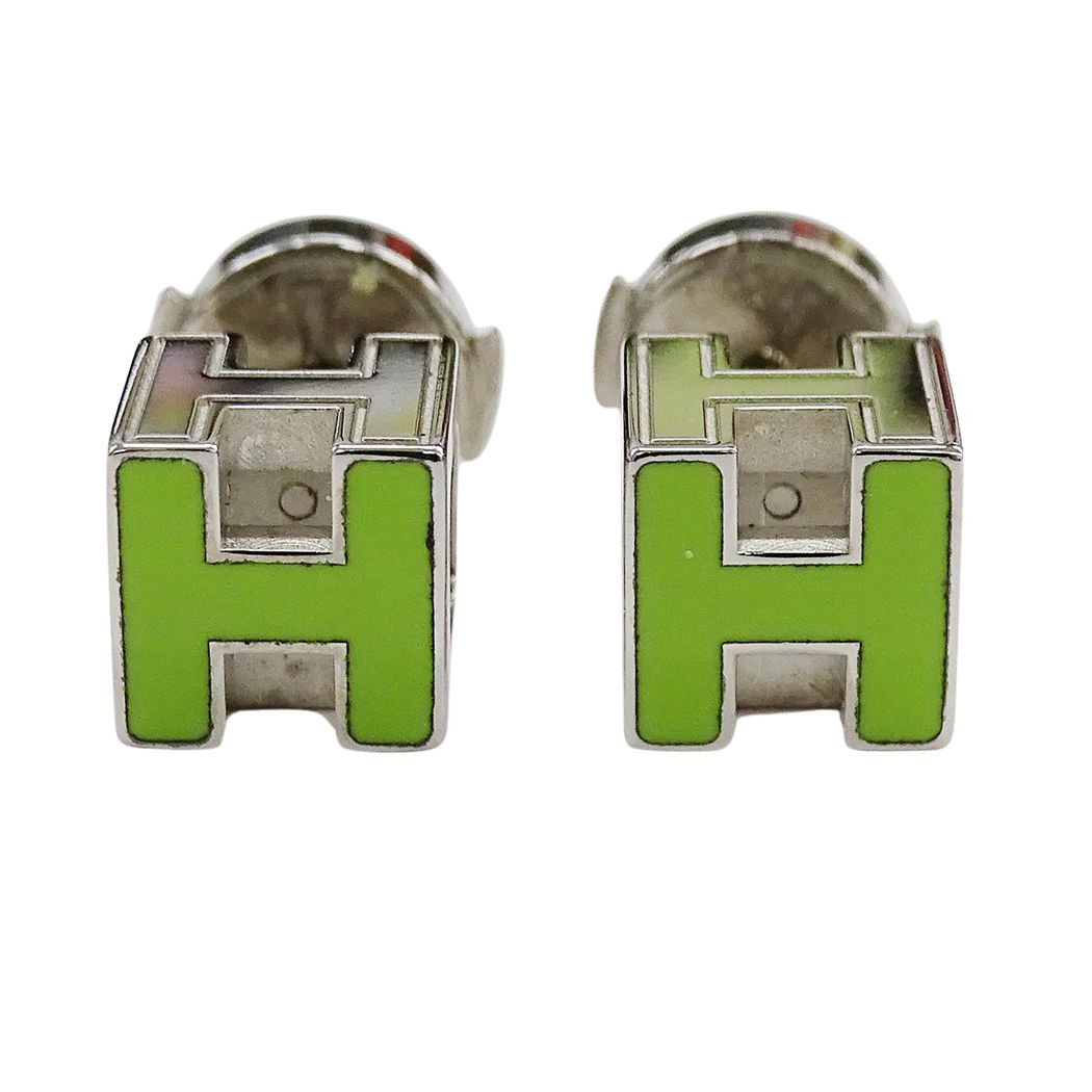 Hermes Earrings Cage Ash Cube Green Silver Small Delicate — view 3