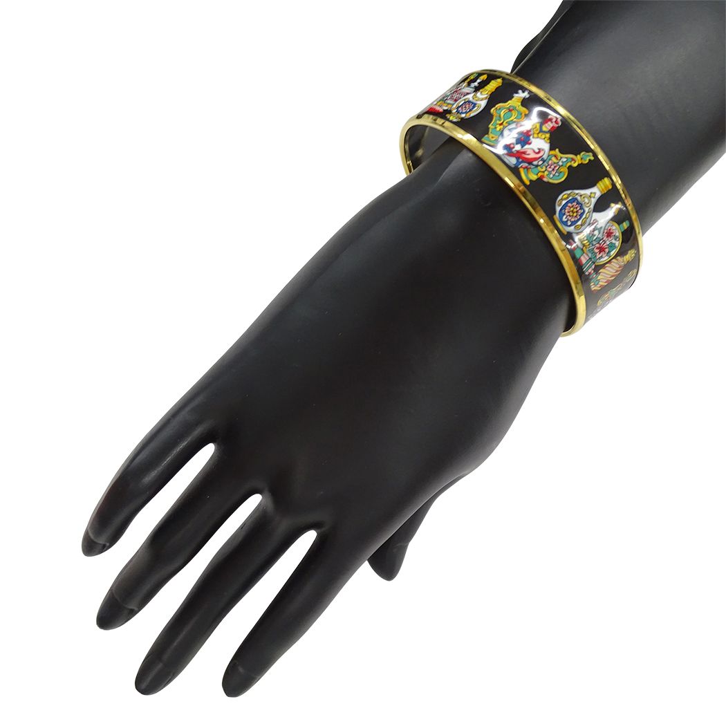 Hermes Bangle Enamel GM Metal Gold Black Multi Jar Cloisonne Bracelet — view 9