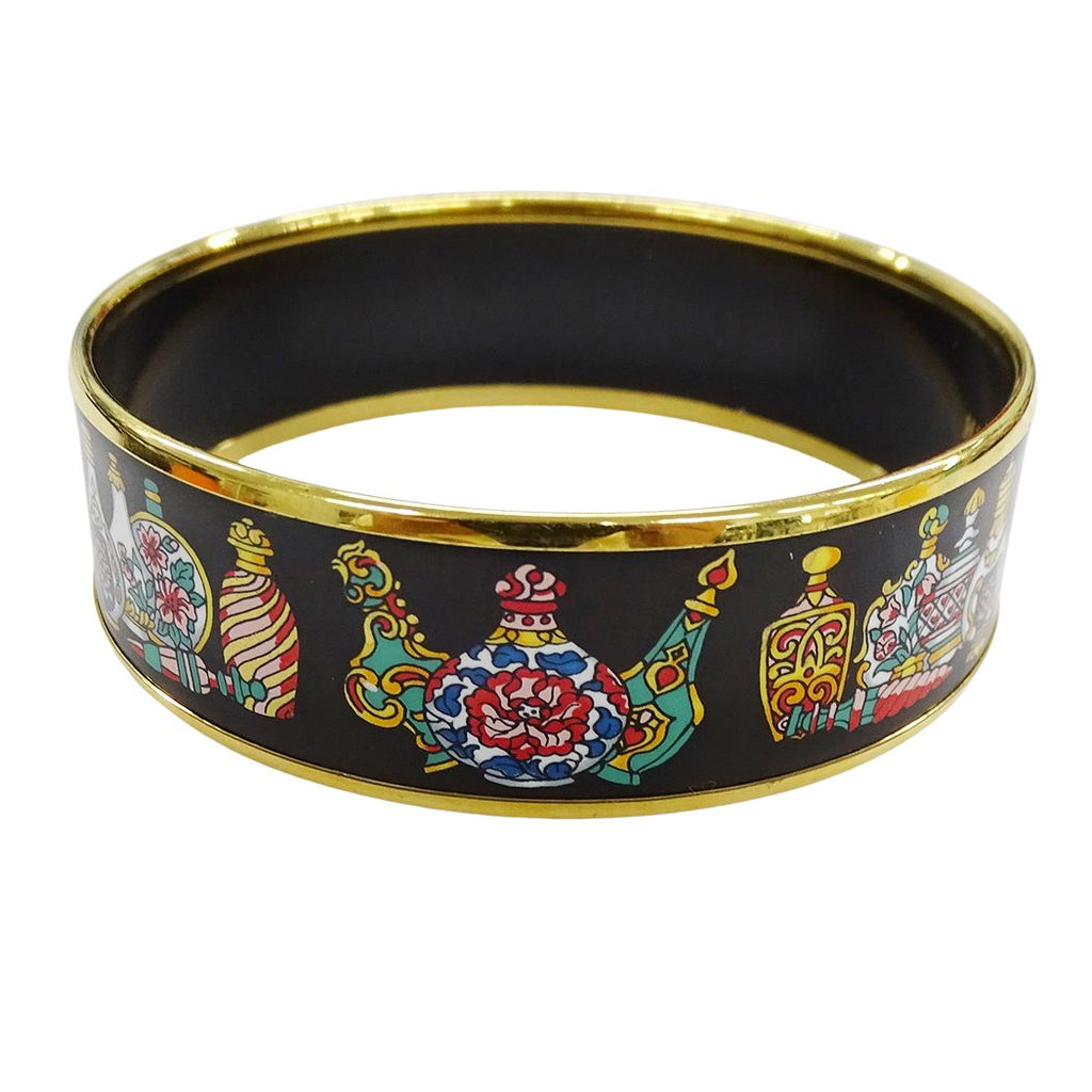 Hermes Bangle Enamel GM Metal Gold Black Multi Jar Cloisonne Bracelet
