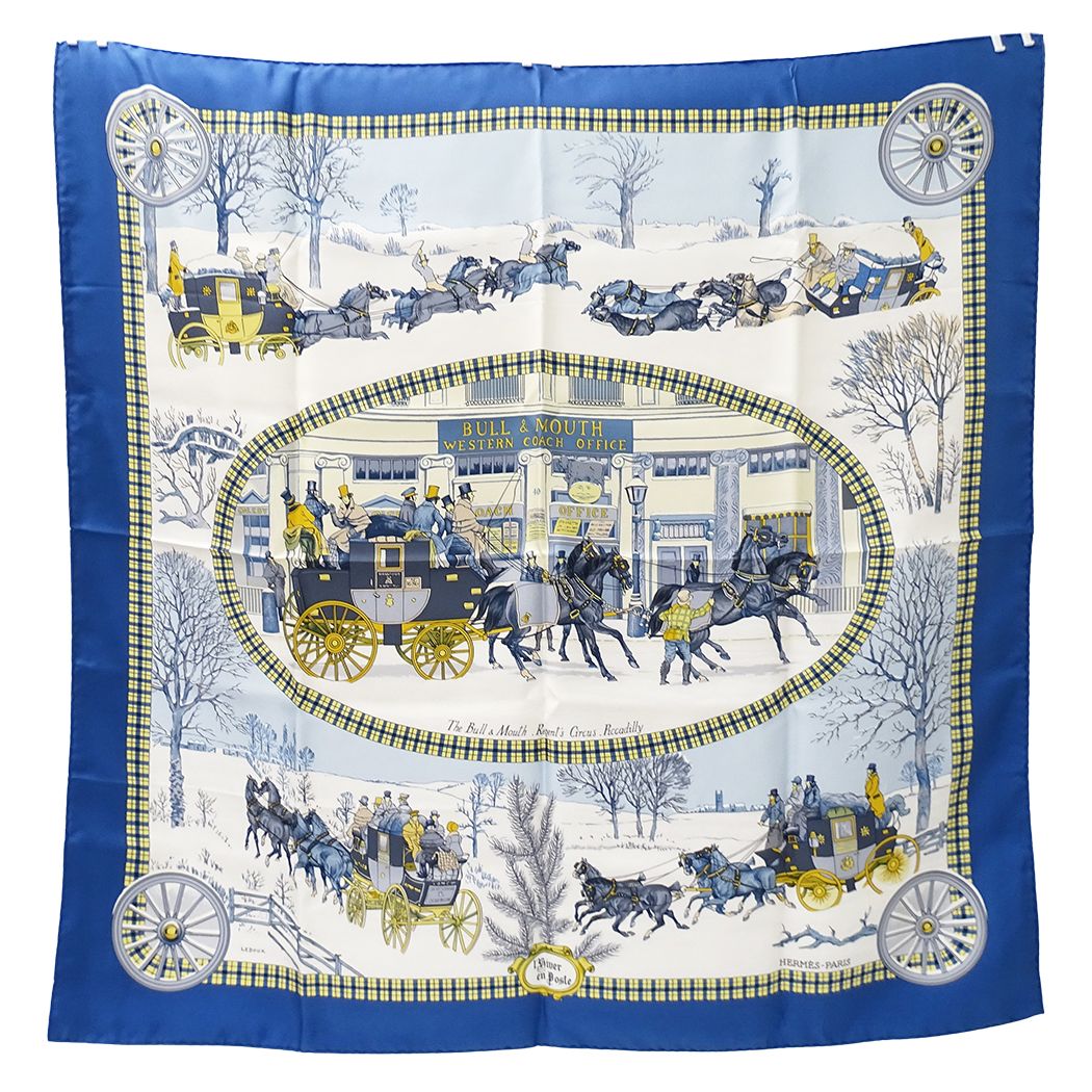 Hermes Scarf Carre 90 L'hiver en Poste Winter Mail Silk Blue