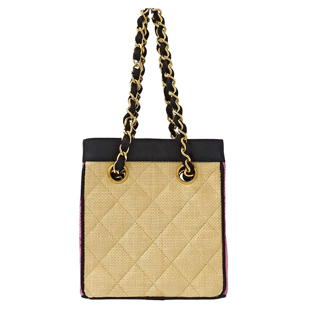 Chanel Quilted Shoulder Bag Straw Beige Pink Gold Chain Small — view 2