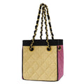 Chanel Quilted Shoulder Bag Straw Beige Pink Gold Chain Small
