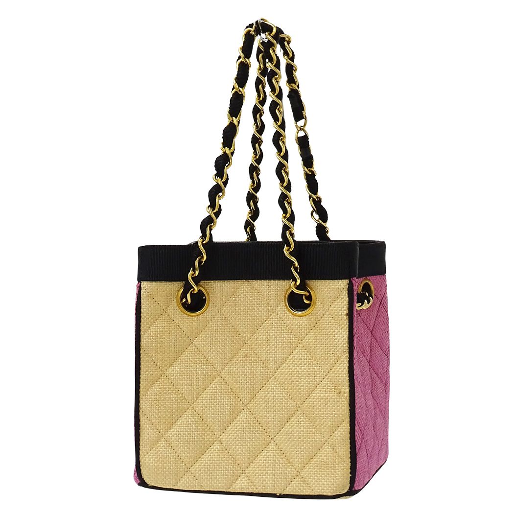 Chanel Quilted Shoulder Bag Straw Beige Pink Gold Chain Small