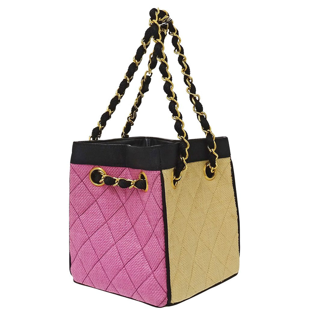 Chanel Quilted Shoulder Bag Straw Beige Pink Gold Chain Small — view 4