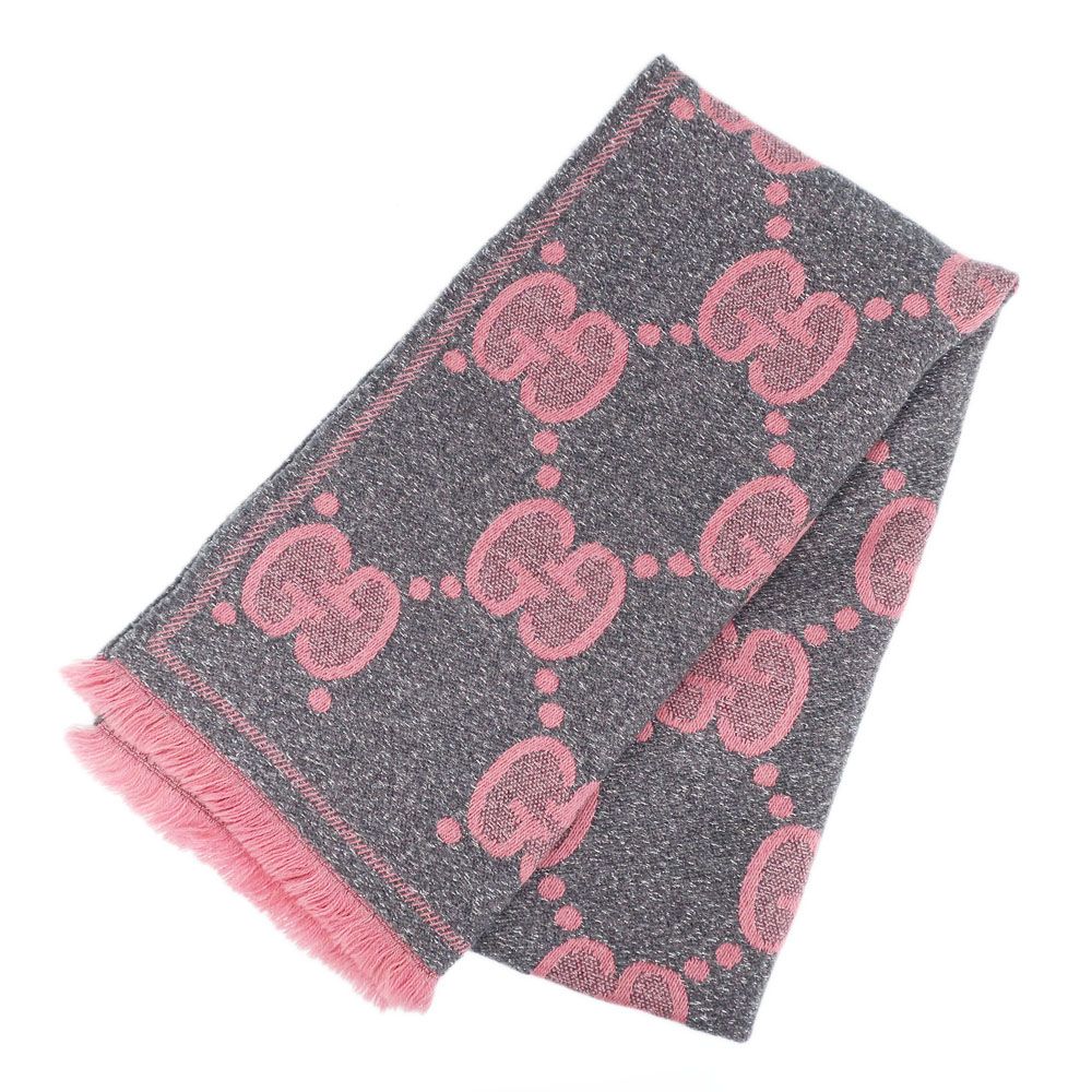 Gucci Ten Scarf Gray Pink GG Jacquard Logo Fringe Wool Shawl