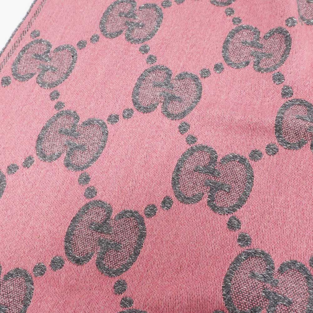 Gucci Ten Scarf Gray Pink GG Jacquard Logo Fringe Wool Shawl — view 5