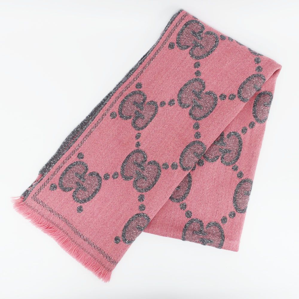Gucci Ten Scarf Gray Pink GG Jacquard Logo Fringe Wool Shawl — view 3