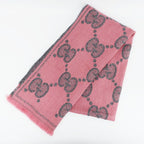 Gucci Ten Scarf Gray Pink GG Jacquard Logo Fringe Wool Shawl — view 3