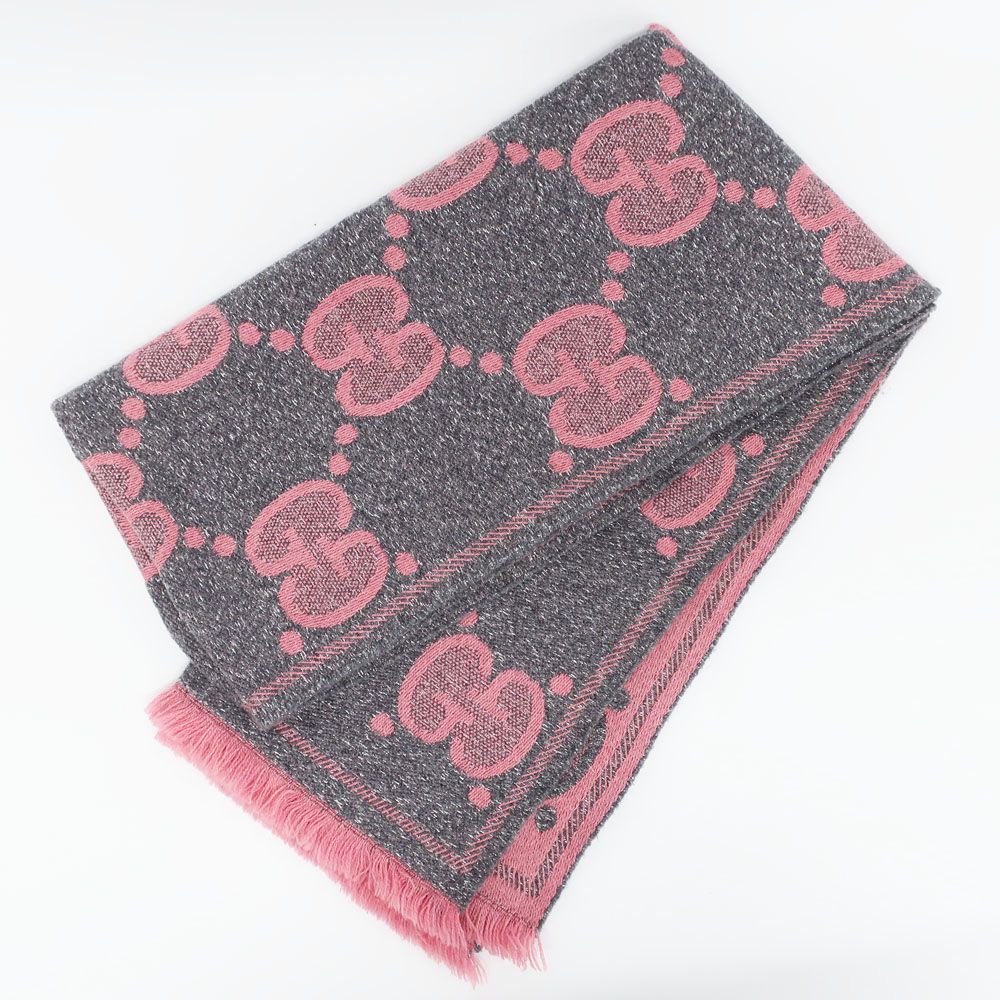 Gucci Ten Scarf Gray Pink GG Jacquard Logo Fringe Wool Shawl — view 2
