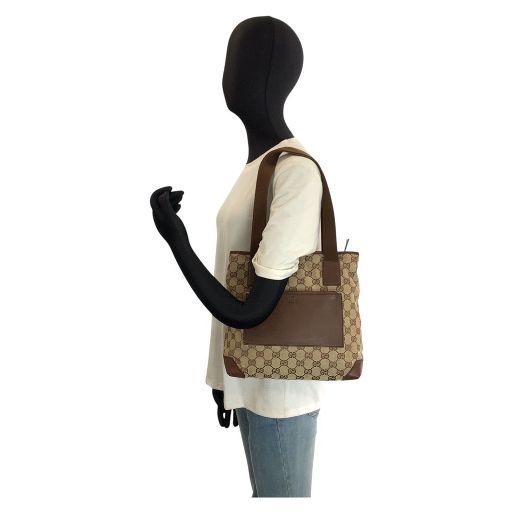 Gucci Brown Beige GG Canvas Leather Tote Shoulder — view 7
