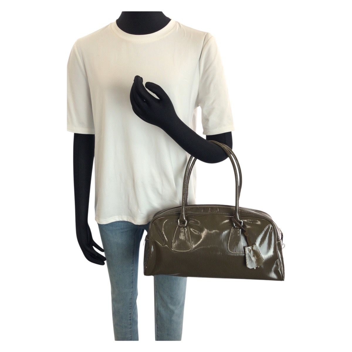 Prada Vintage Khaki Silver Patent Leather Shoulder — view 8