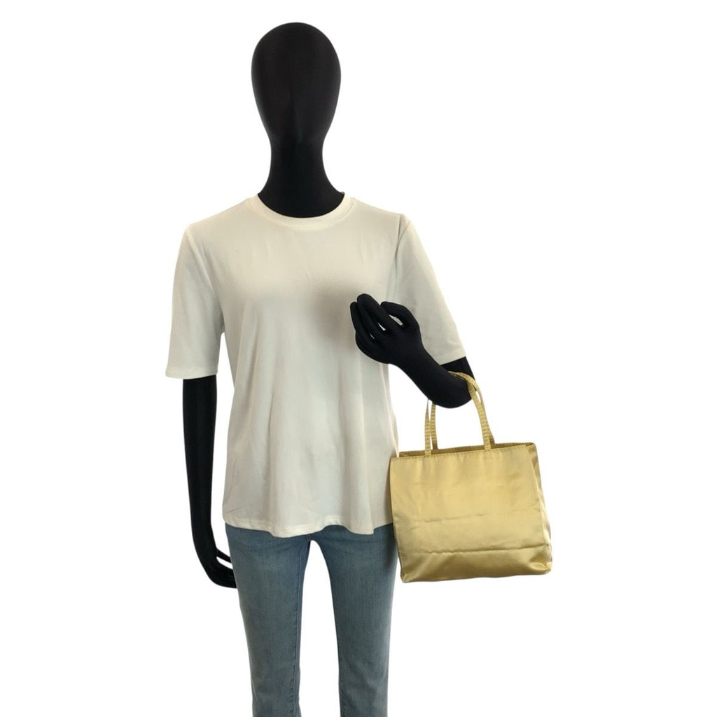 Prada Logo Embroidery Yellow Satin Tote — view 7