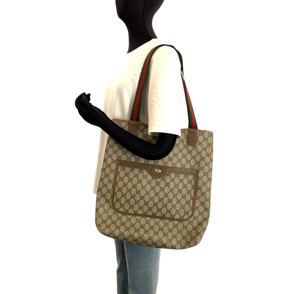 Gucci Vintage Sherry Line Brown Beige GG Supreme Canvas Tote Shoulder — view 7