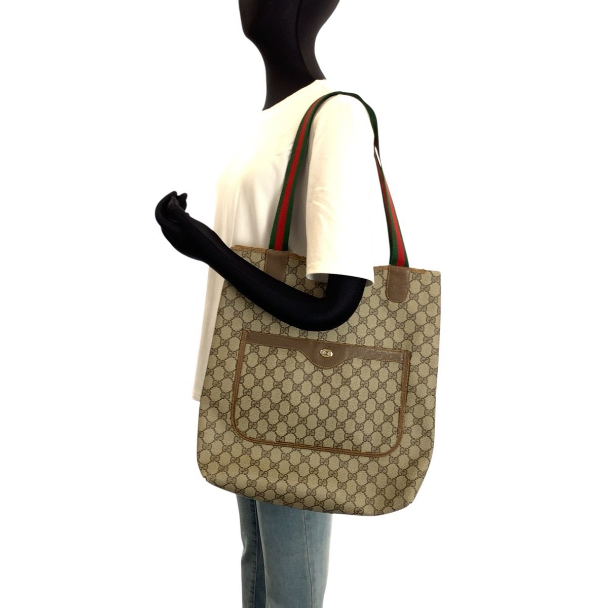 Gucci Vintage Sherry Line Brown Beige GG Supreme Canvas Tote Shoulder — view 7